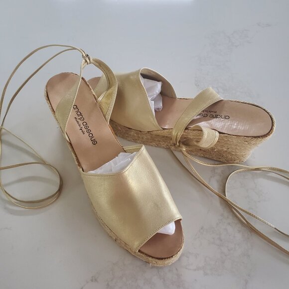 Andre Assous New Gold Ankle Tie Leather Platform Espadrilles made in Spain   9.5 - Picture 11 of 16
